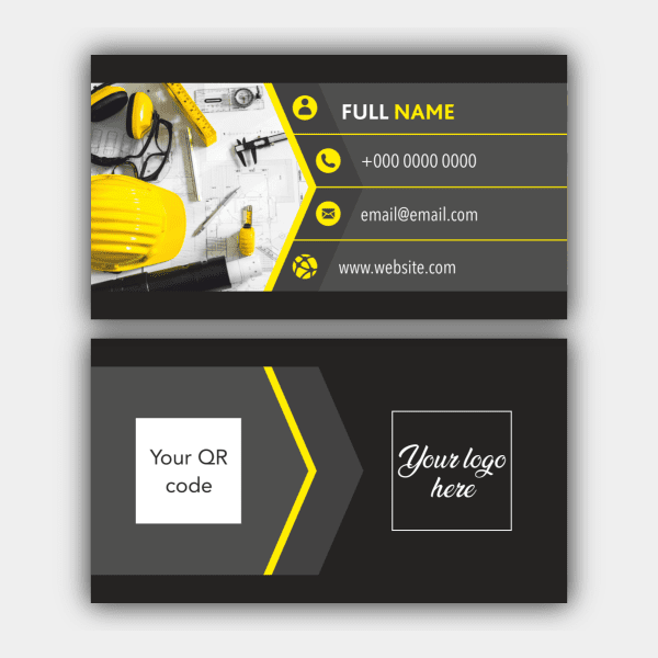 Bygge- og anlægsarbejde, hjelm, sort, grå, gul visitkort (90x50mm)