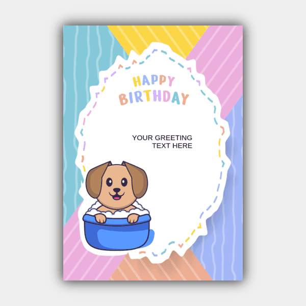 Karikatūra suns, zila, dzeltena, violeta, balta, Apsveikuma kartīte dzimšanas dienā