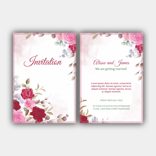 Floral, Wedding, Rose, Red, Green, White Invitation