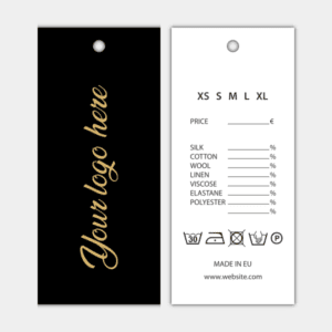 Logo, Black Front, White Back, Black and Golden Text, Paper Tag