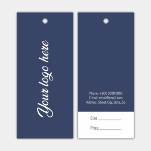 Logo, Blue Front and Back, White and Blue Text, Paper Tag