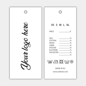 Logo verticale, fronte e retro bianchi, testo nero, etichetta di carta