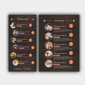 Wooden Background, White and Black Text, Orange Labels, Vertical Food and Drink Menu