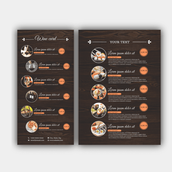 Arrière-plan en bois, texte blanc et noir, étiquettes orange, menu vertical pour la nourriture et les boissons.