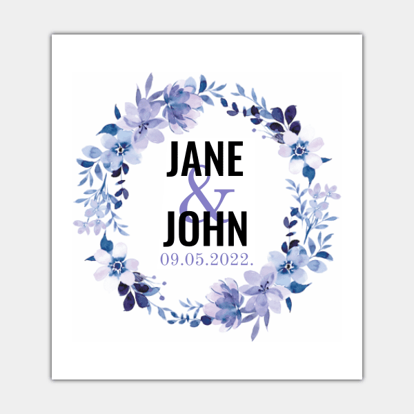 Violet Wreath of Flowers, White Background, Black and Violet Text, Bottle Label