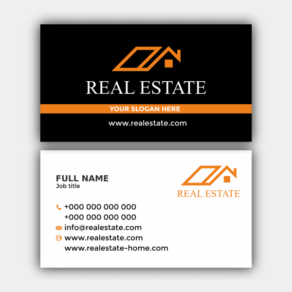 Real Estate, White, Black, Orange Business Card (90x50mm)