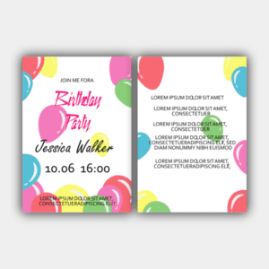 Geburtstagsparty, mehrfarbige Luftballons, schwarz, rosa, weiße Einladung