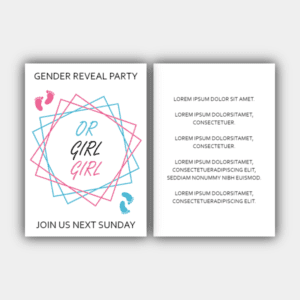 Gender Reveal Party, føtter, rektangler, rose, blå, hvit invitasjon