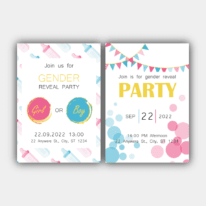 Gender Reveal Party, flagi, bąbelki, błękit, róża biała Zaproszenie