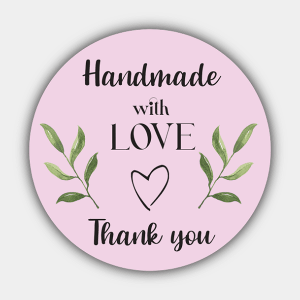 Handmade With Love, Thank You, Branches, Heart, Rose, Black, Green, Circle Sticker