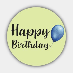 Tillykke med fødselsdagen, blå ballon, grøn og sort, cirkelklistermærke