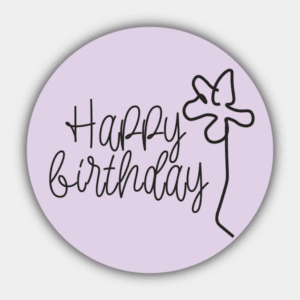 Tillykke med fødselsdagen, blomst, lilla og sort, cirkel klistermærke