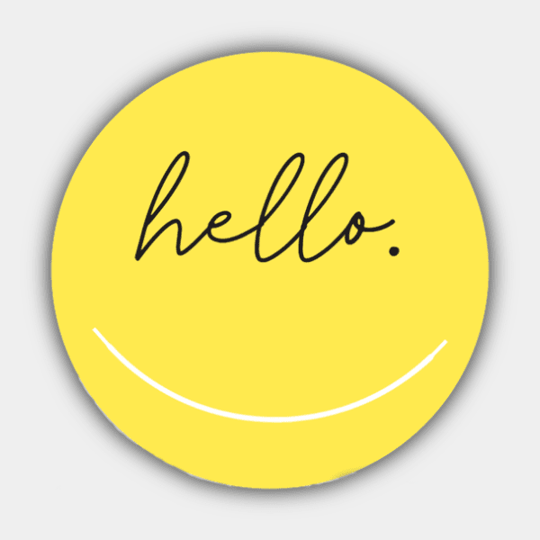Hello, Smile, Yellow. Black, White, Circle Sticker