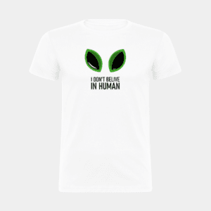 Não acredito nos humanos, olhos de extraterrestre, verde e preto, T-shirt para homem