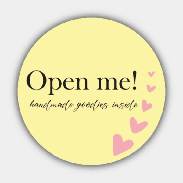 Open Me, Handmade Goodies Inside, hjärtan, gul, ros, cirkel klistermärke