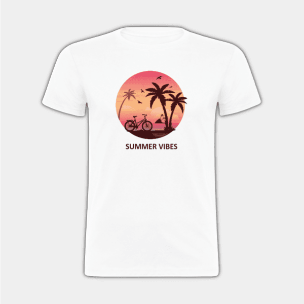 Sommervibber, strand, palmer, øy, sykkel, flerfarget T-skjorte for barn #1