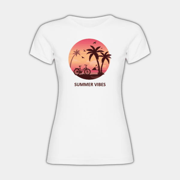 Летние вибрации, пляж, пальмы, остров, велосипед, многоцветная женская футболка #1