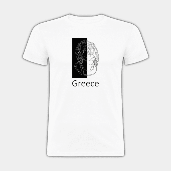 Grecja, rzeźba głowy, tył i biel, T-shirt męski #1