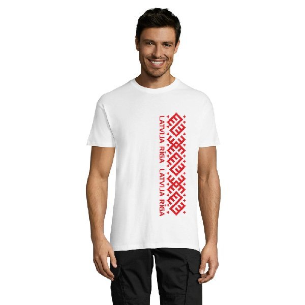 Riga, Latvia, Latvian Ornament On Right, White, Red and White, Men's T-shirt #1