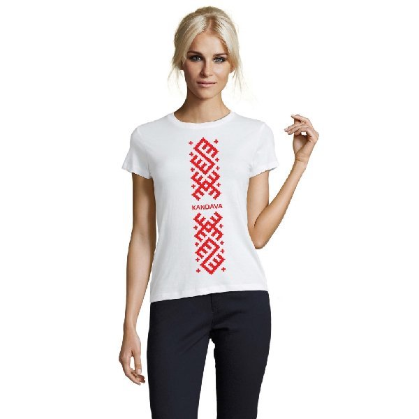 Kandava, ornamento lettone, rosso e bianco, T-shirt da donna #1