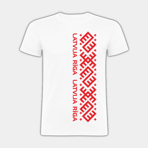 Riga, Latvia, Latvian Ornament On Right, Red and White, Children’s T-shirt #1